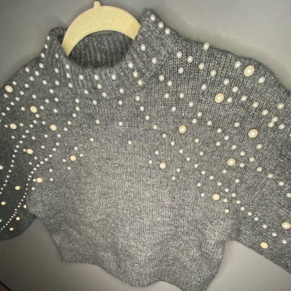 Cropped Pearl-Accented Sweater